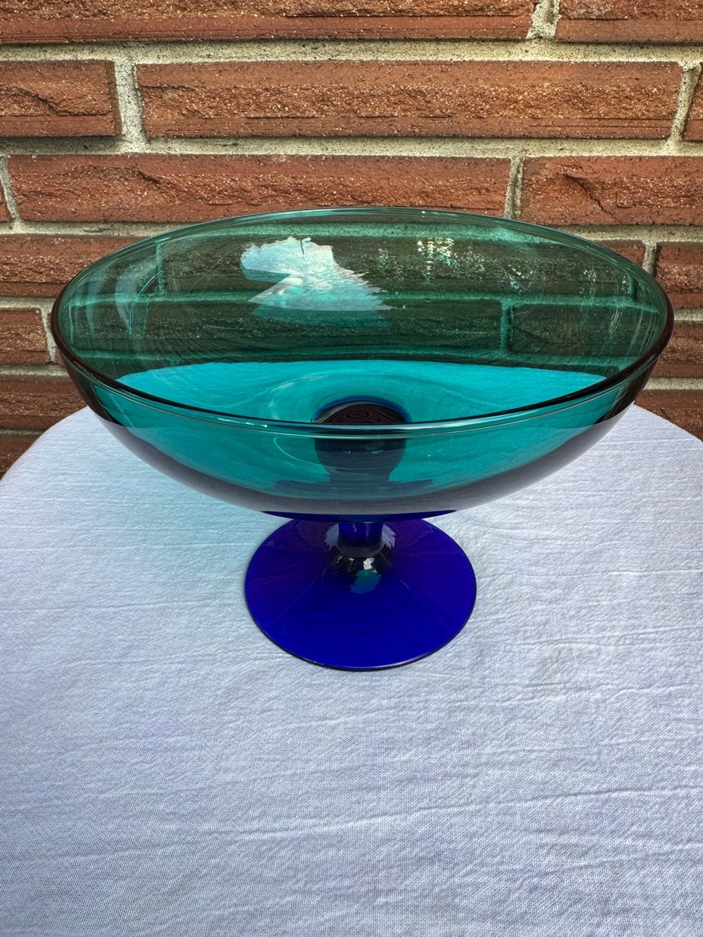Vintage Teal & Cobalt Blue Art Glass Pedestal Bowl 8”